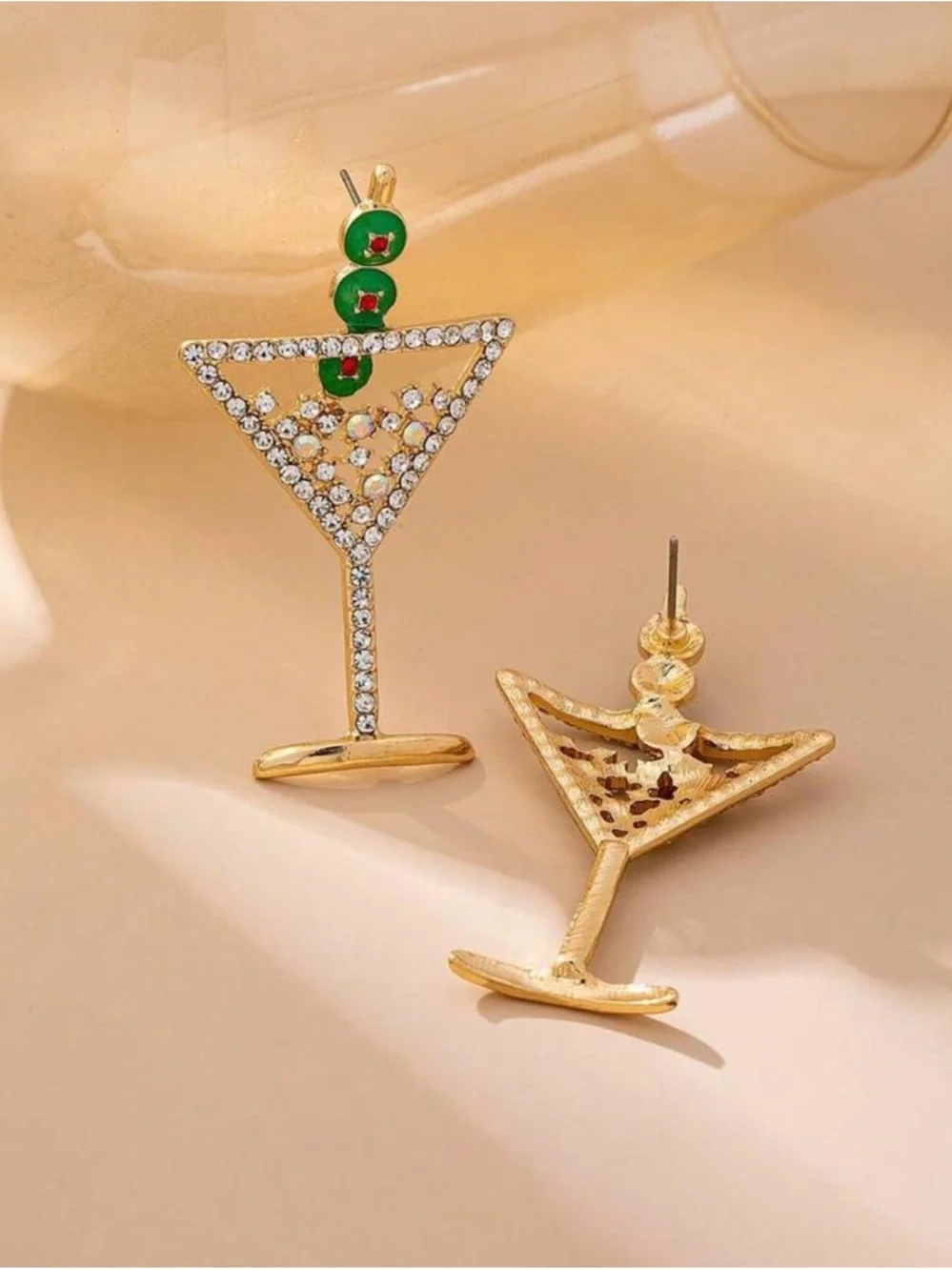 Gold Crystal Martini Drop Earrings with Green Accents - Picture 4 of 5